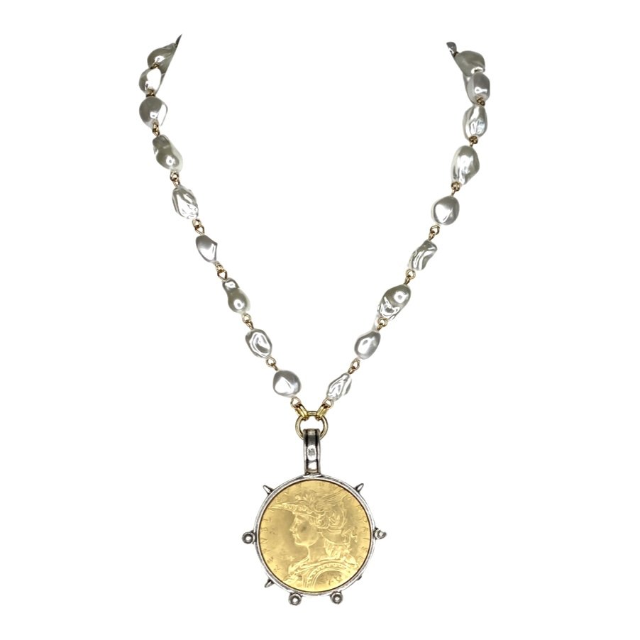 Large French Coin and Pearl Necklace