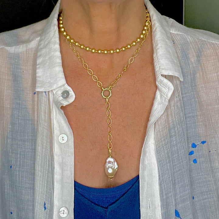 Large White Baroque Pearl Lariat Necklace