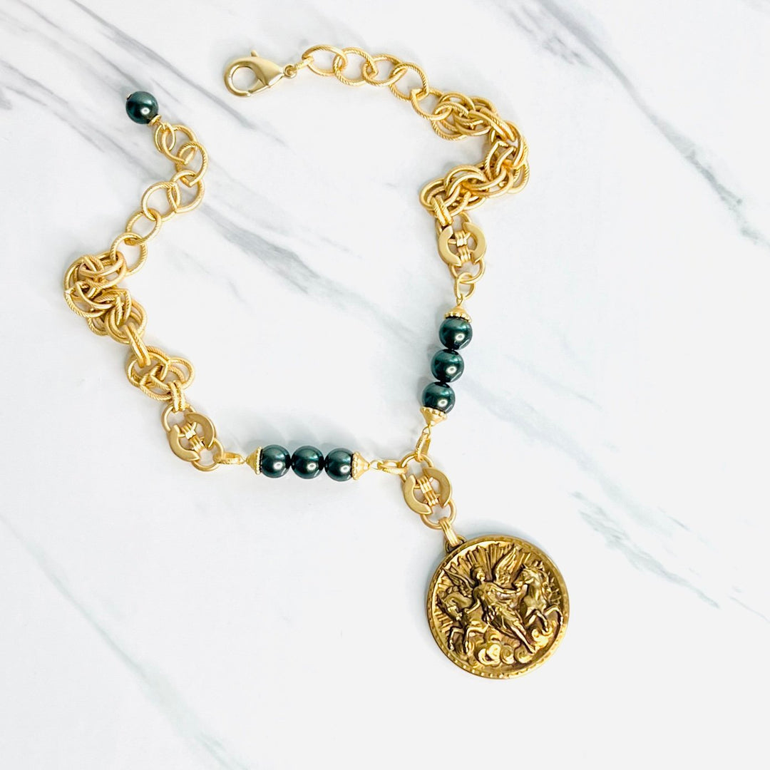 Angel of Peace Coin with Matte Gold and Vintage Czech Pearl Necklace