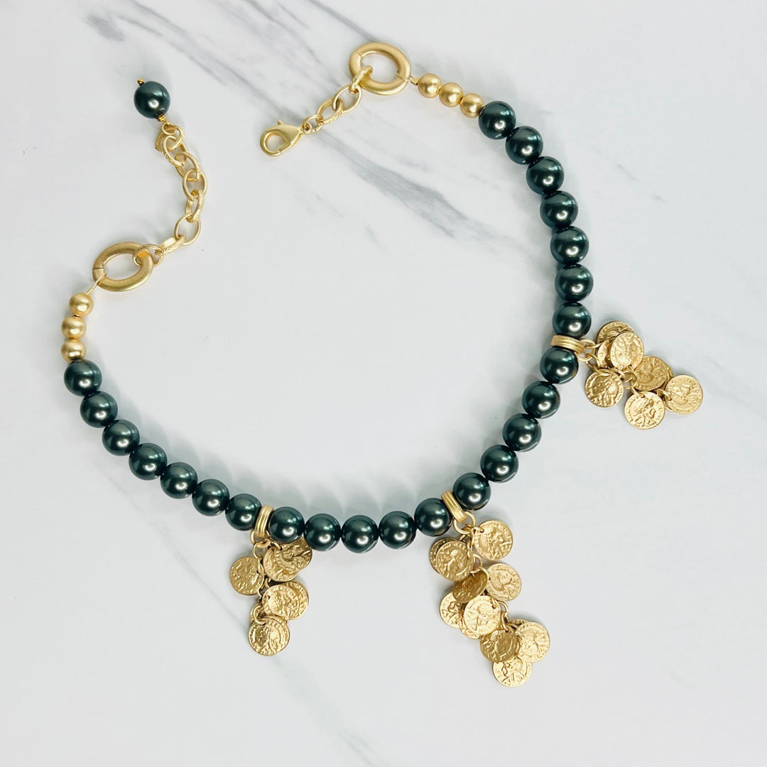 Camille Peacock Pearl and Matte Gold Coin Necklace