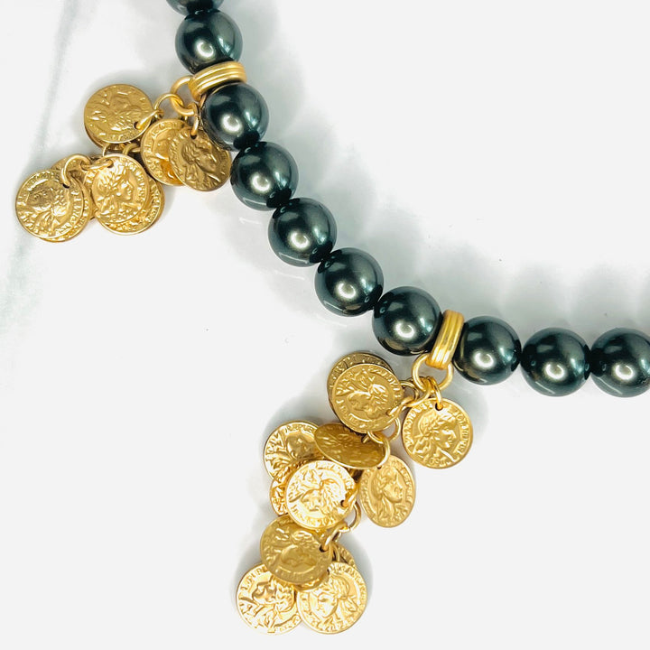 Camille Peacock Pearl and Matte Gold Coin Necklace