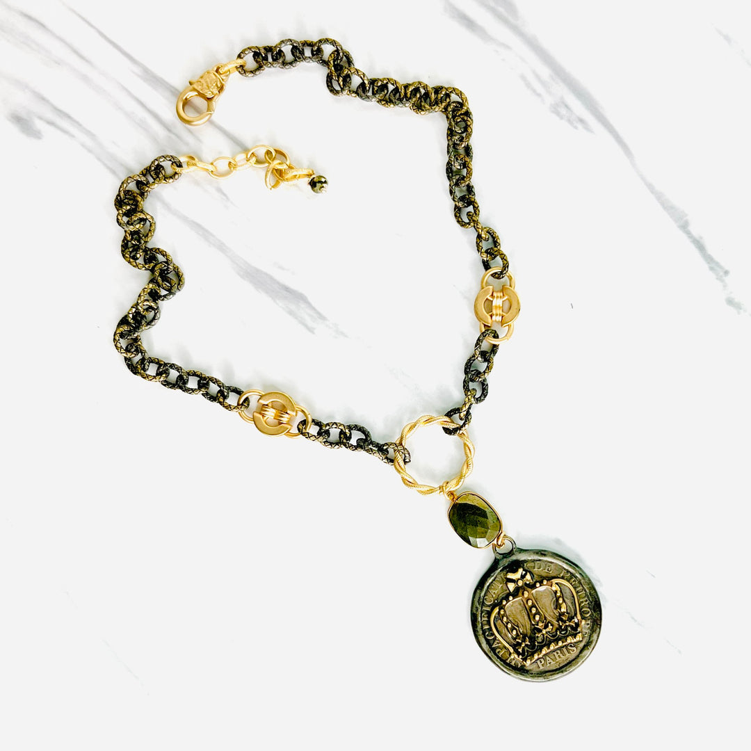 Avignon Antique Bronze and Gold Crown Pendant Necklace