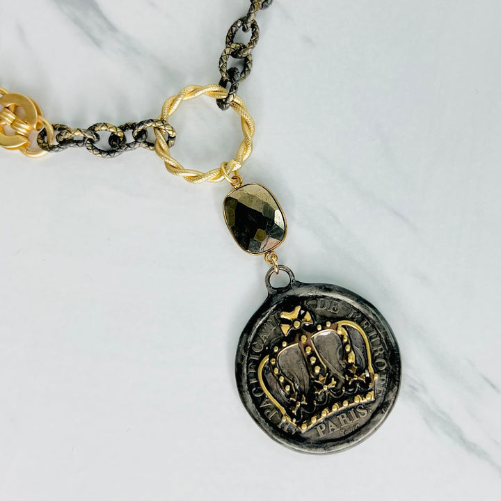 Avignon Antique Bronze and Gold Crown Pendant Necklace
