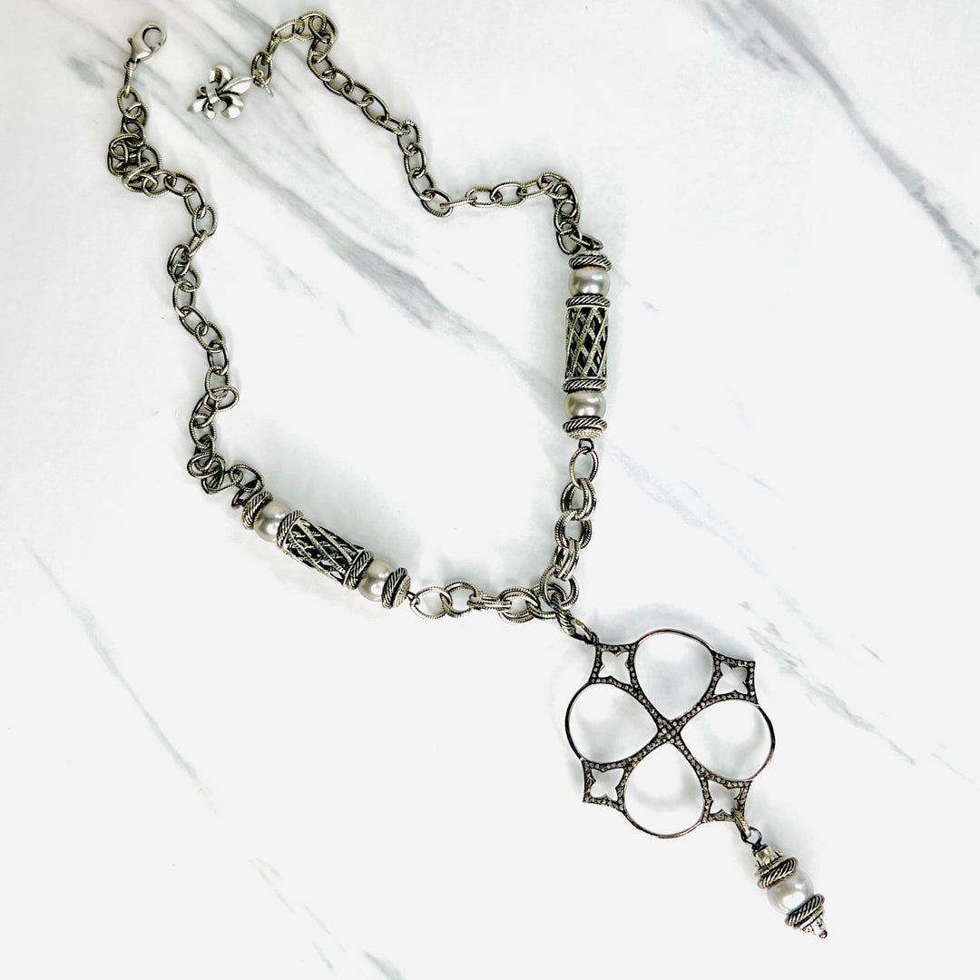 Valois Silver Pave Diamond Cross and Pearl Necklace