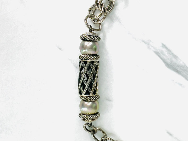 Valois Silver Pave Diamond Cross and Pearl Necklace