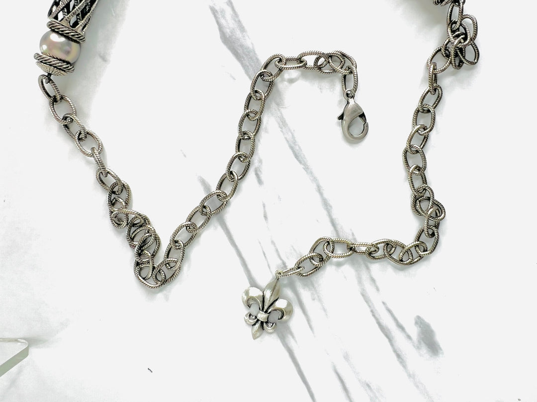 Valois Silver Pave Diamond Cross and Pearl Necklace