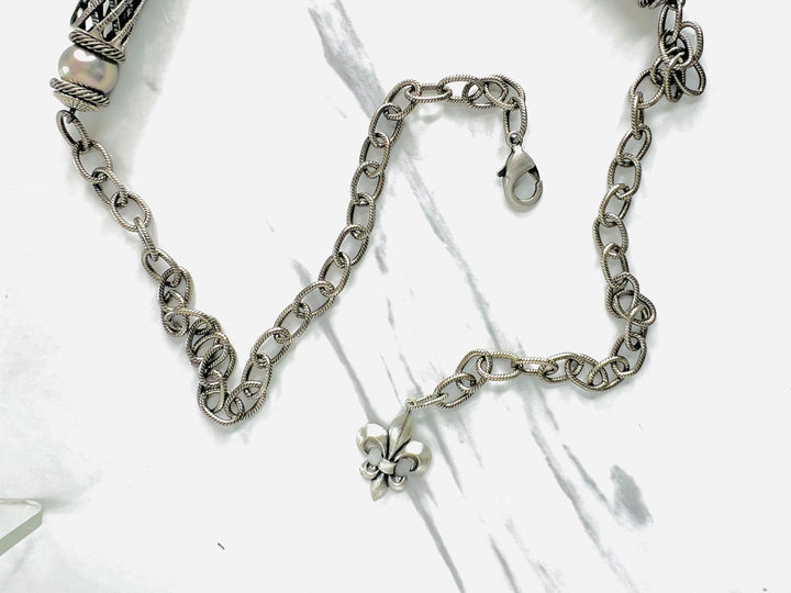 Valois Silver Pave Diamond Cross and Pearl Necklace