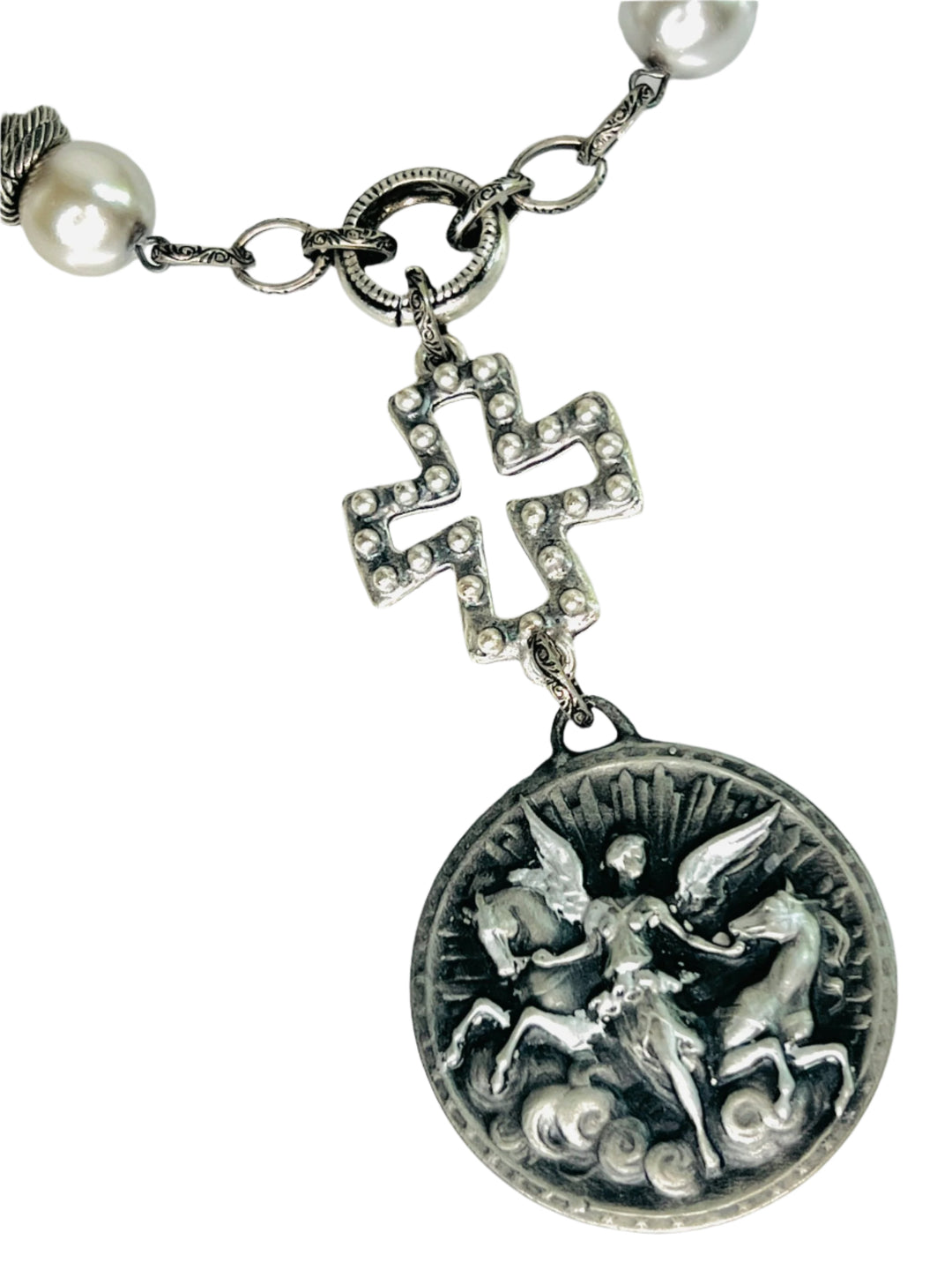 Angel of Peace Pewter Medal Pendant and Silver Pearl Necklace