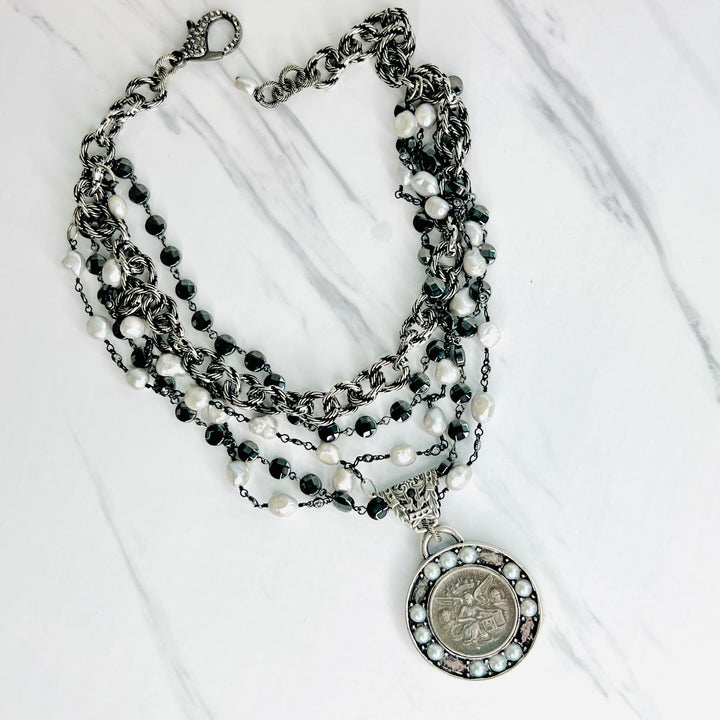 Blake Silver Pearl and Hematite Coin Statement Necklace