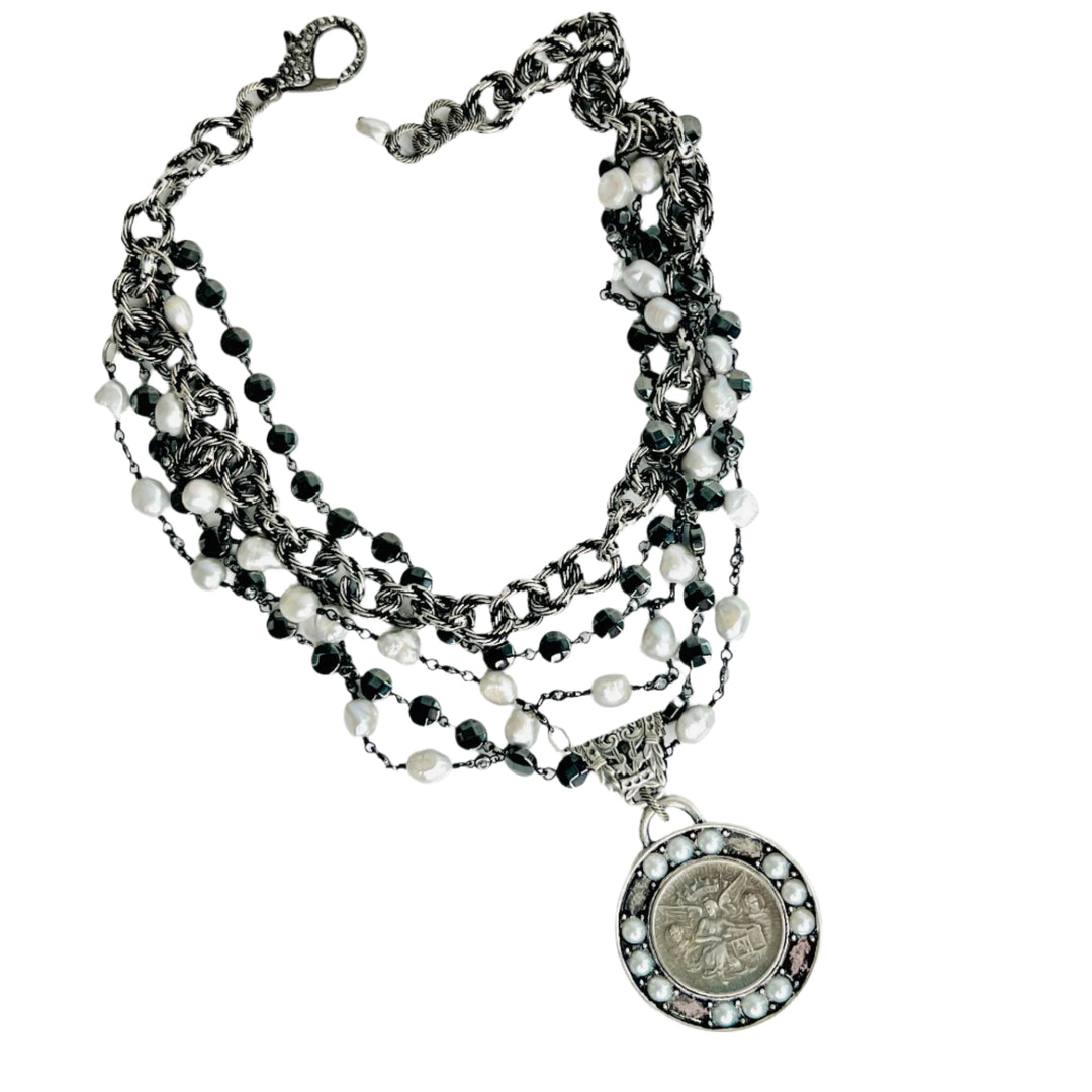 Blake Silver Pearl and Hematite Coin Statement Necklace