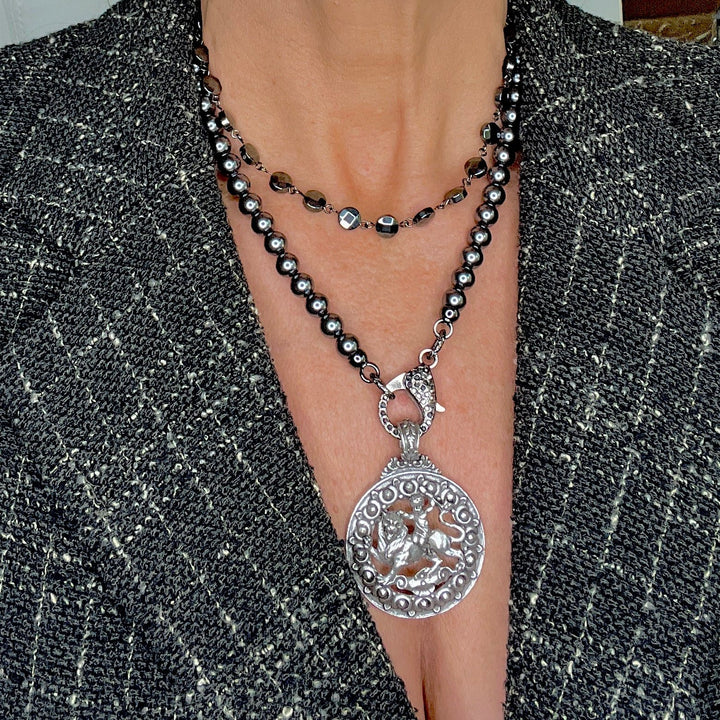 LAmour Silver Pendant and Black Pearl Necklace
