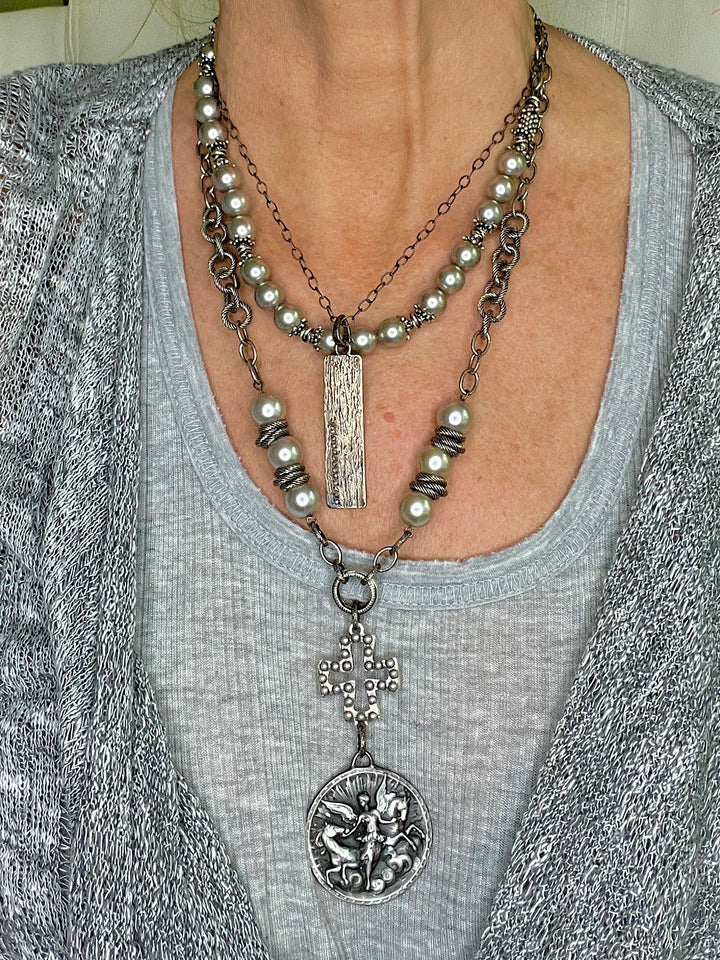 Angel of Peace Pewter Medal Pendant and Silver Pearl Necklace