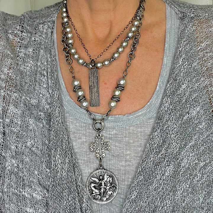Oxidized Silver and Pave Diamond Bar Pendant Necklace