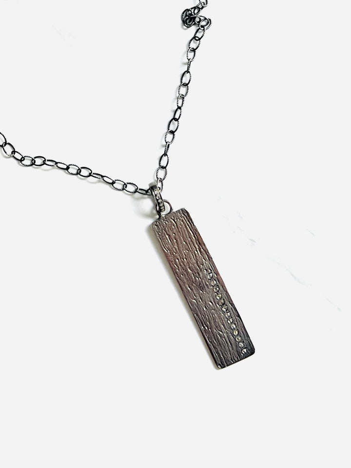 Oxidized Silver and Pave Diamond Bar Pendant Necklace