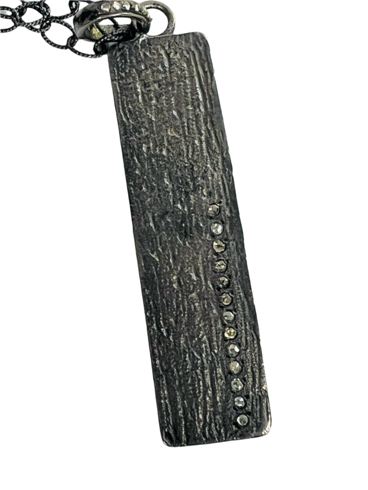 Oxidized Silver and Pave Diamond Bar Pendant Necklace