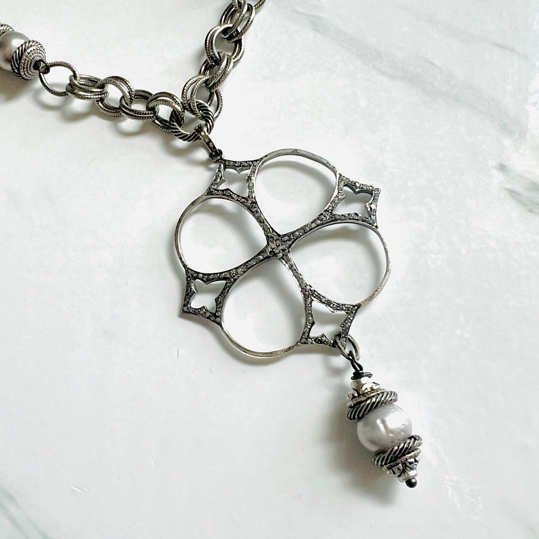 Valois Silver Pave Diamond Cross and Pearl Necklace