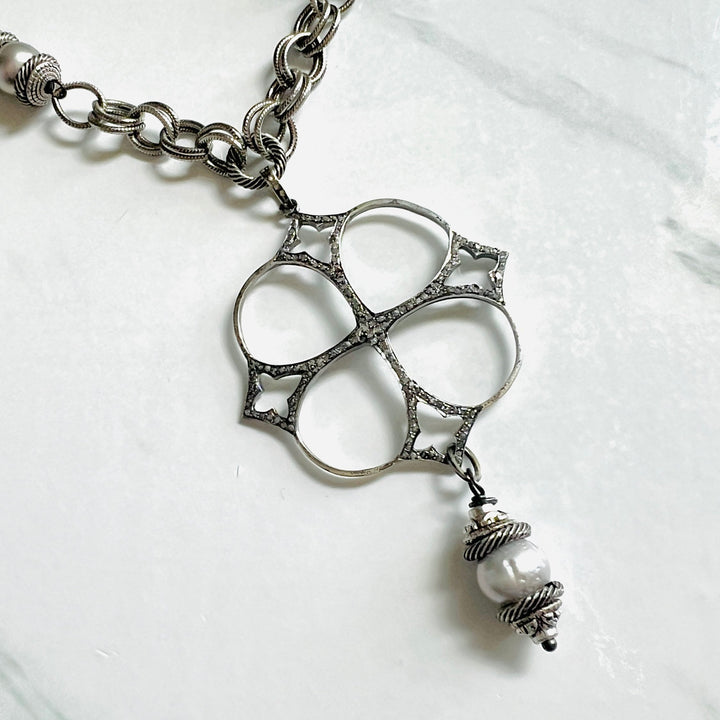 Valois Silver Pave Diamond Cross and Pearl Necklace