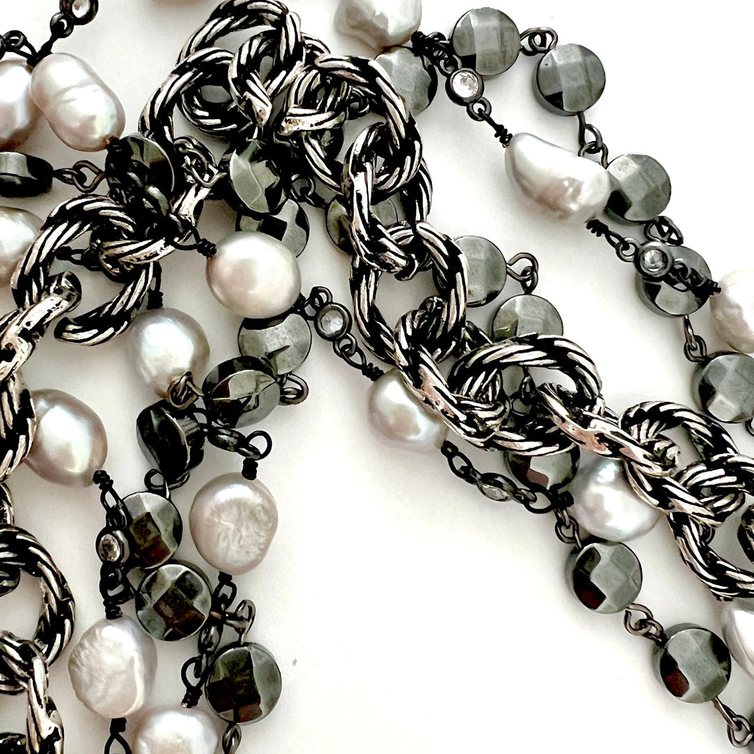 Blake Silver Pearl and Hematite Coin Statement Necklace