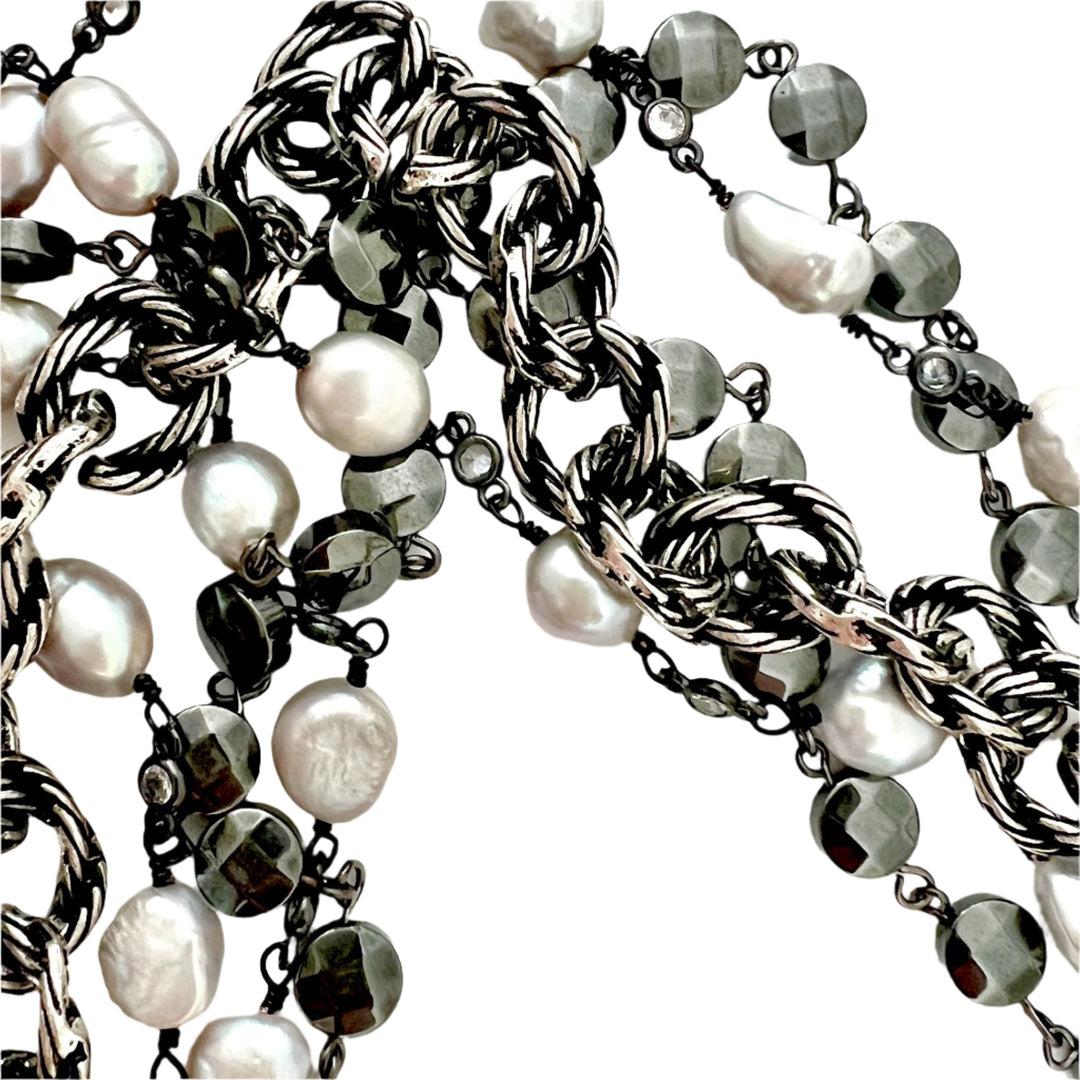 Blake Silver Pearl and Hematite Coin Statement Necklace