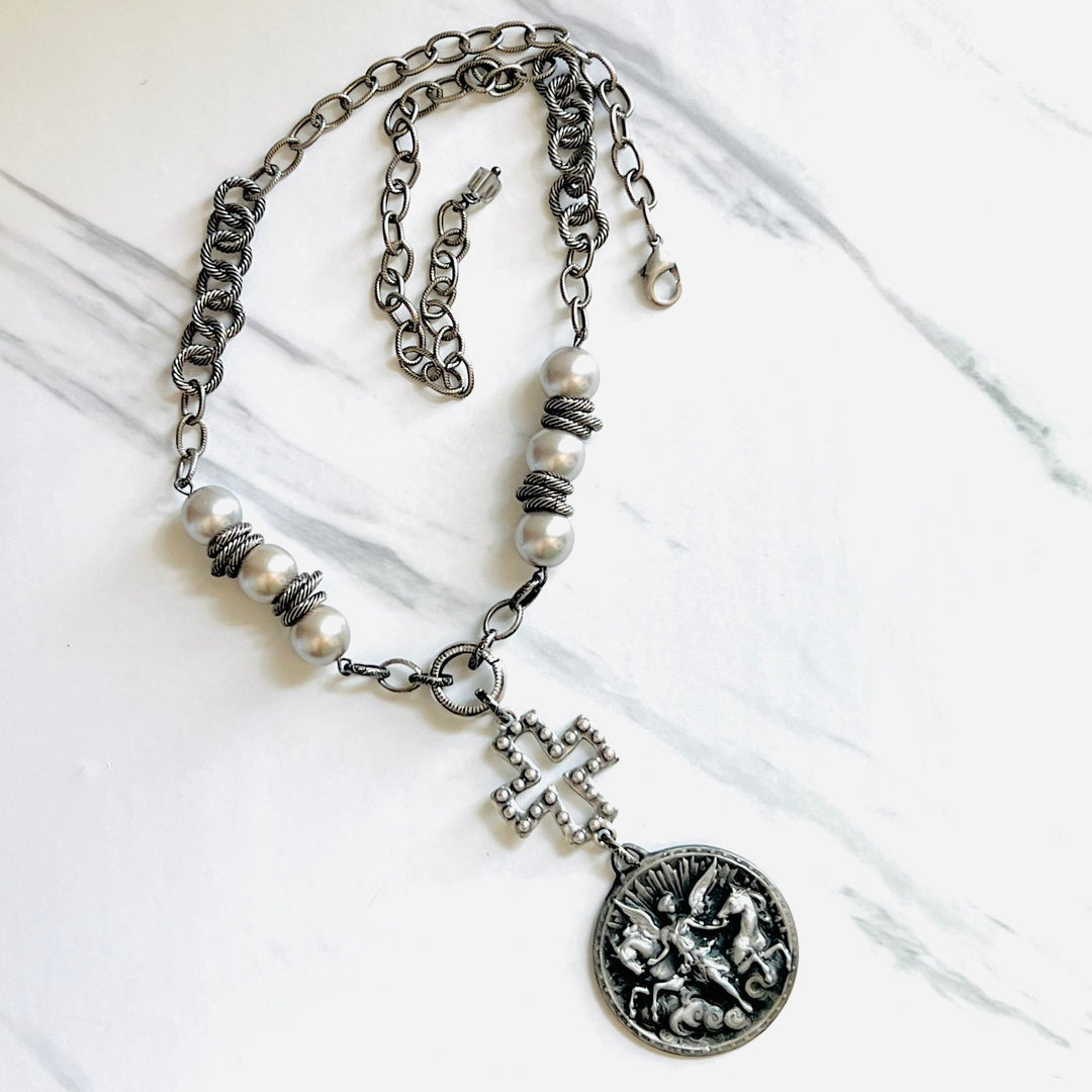 Angel of Peace Pewter Medal Pendant and Silver Pearl Necklace