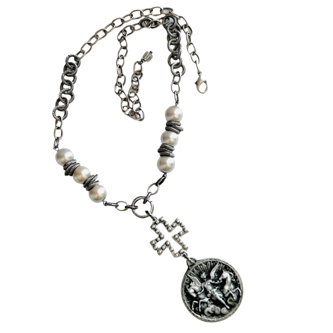 Angel of Peace Pewter Medal Pendant and Silver Pearl Necklace