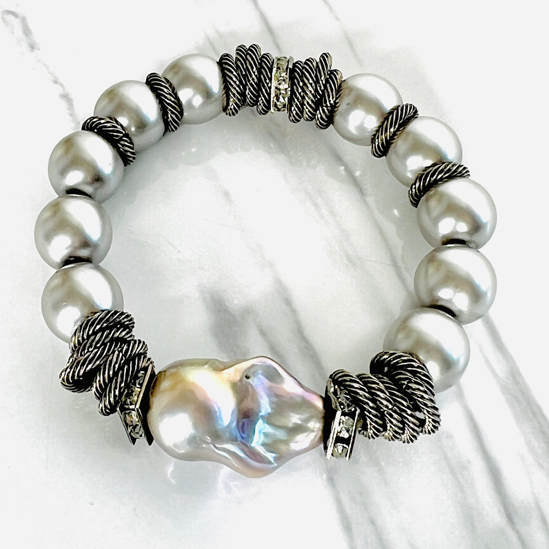 Balthazar Platinum and Silver Baroque Pearl Bracelet