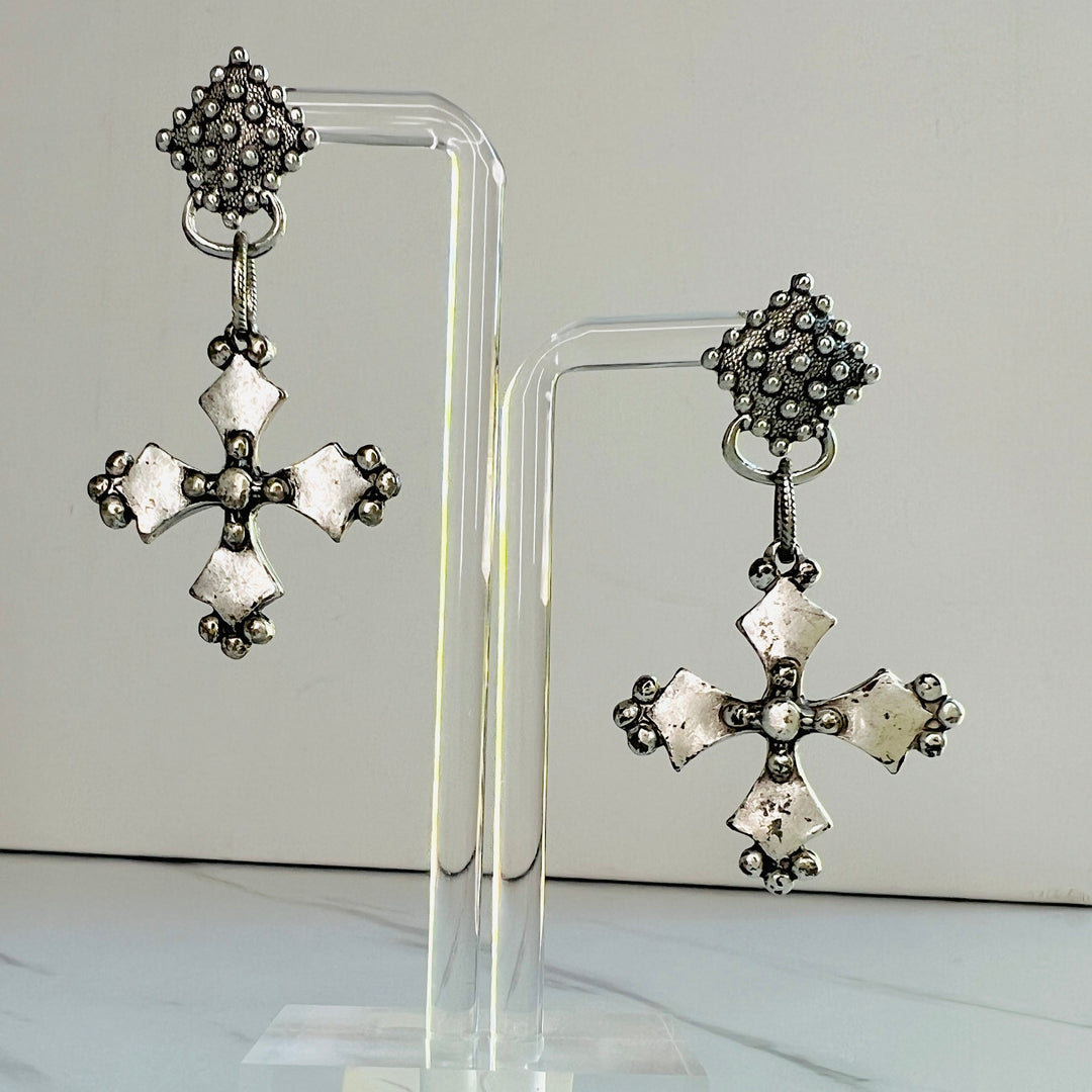 Avery Aged Silver Cross Earrings