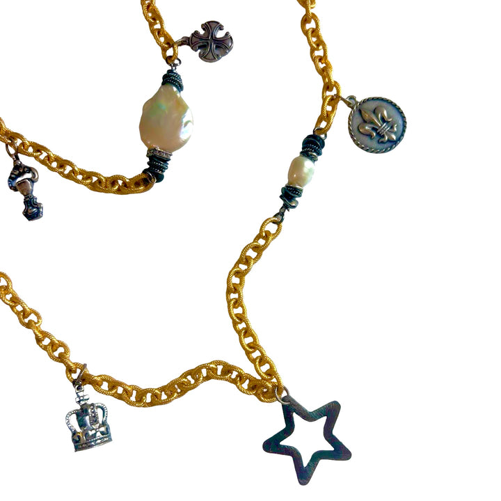 Shooting Star Long Silver and Gold Baroque Pearl Necklace