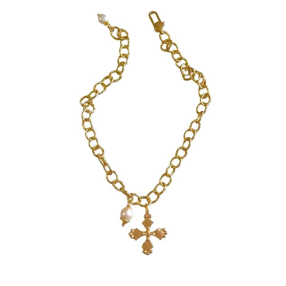 Cara Champagne Gold Cross and Pearl Necklace