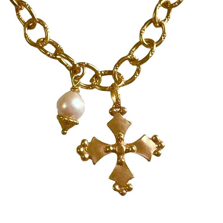 Cara Champagne Gold Cross and Pearl Necklace