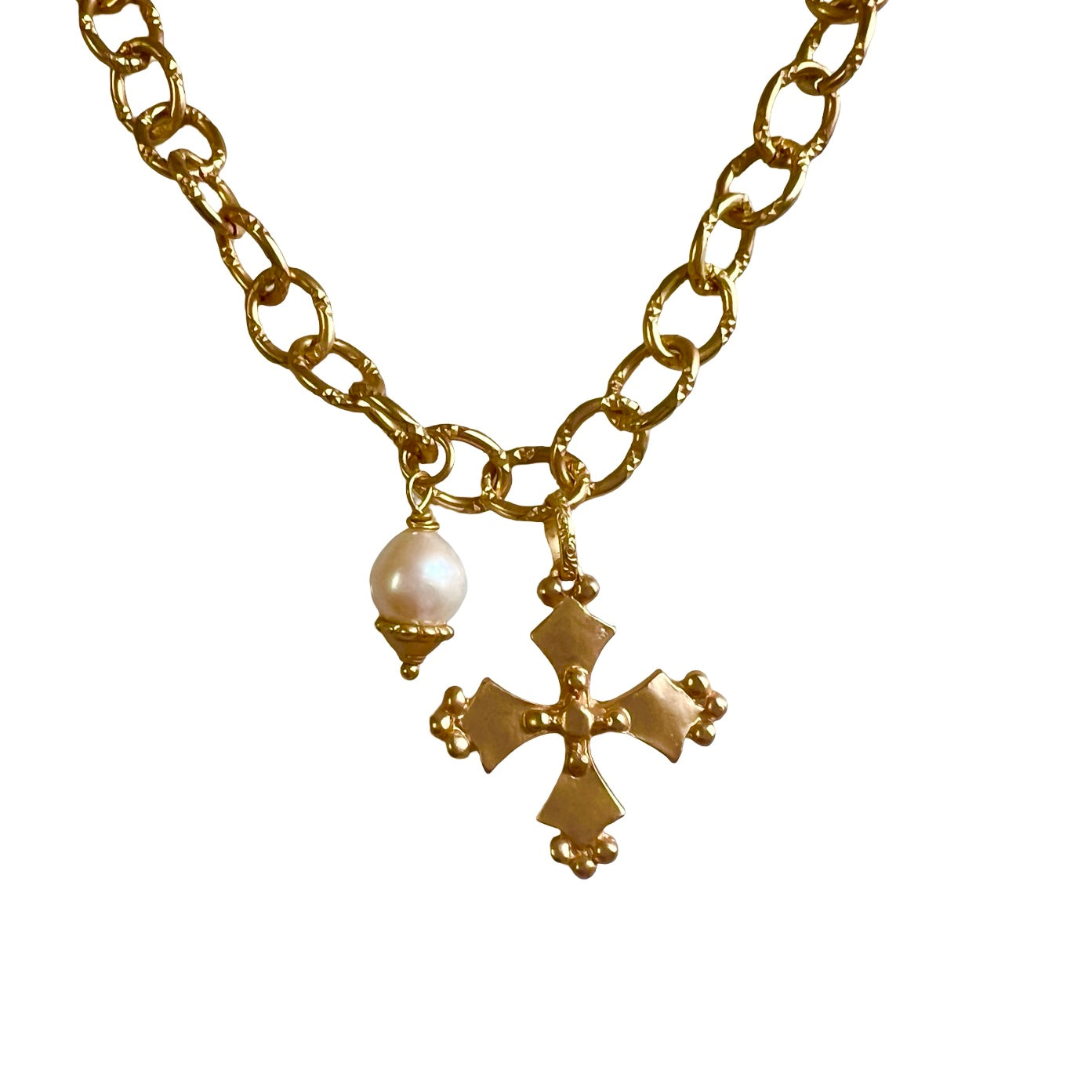Cara Champagne Gold Cross and Pearl Necklace