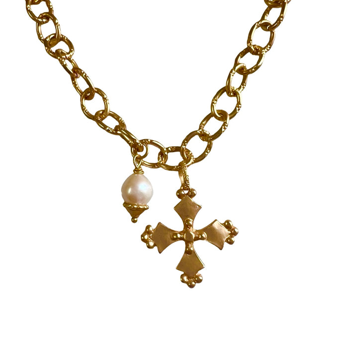 Cara Champagne Gold Cross and Pearl Necklace