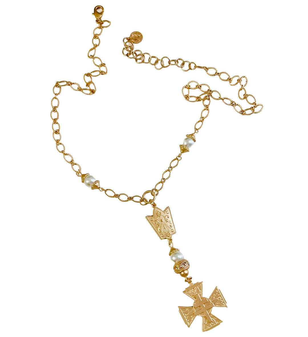 La Croix Gold and Pearl French Cross Necklace