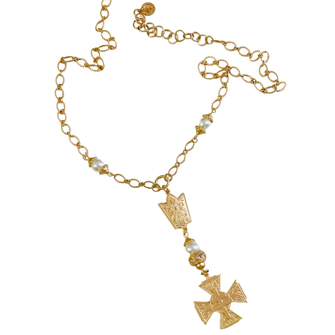 La Croix Gold and Pearl French Cross Necklace