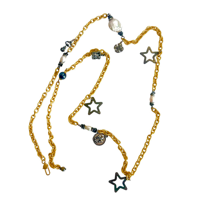Shooting Star Long Silver and Gold Baroque Pearl Necklace