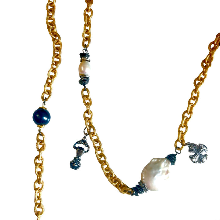 Shooting Star Long Silver and Gold Baroque Pearl Necklace