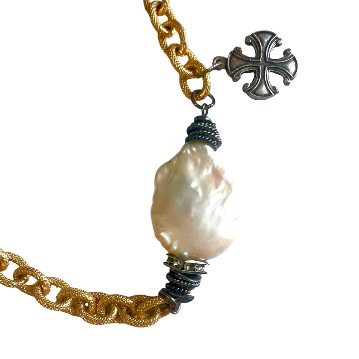 Shooting Star Long Silver and Gold Baroque Pearl Necklace