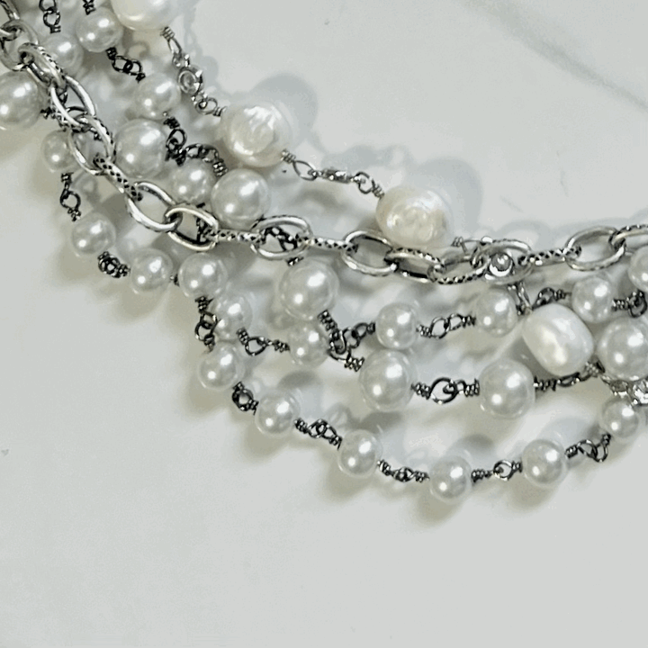 Multi Strand Pearl Necklace in White and Silver Gunmetal