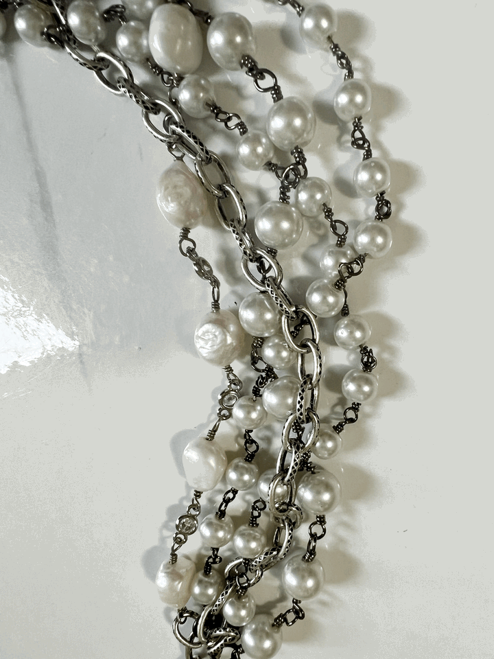Multi Strand Pearl Necklace in White and Silver Gunmetal