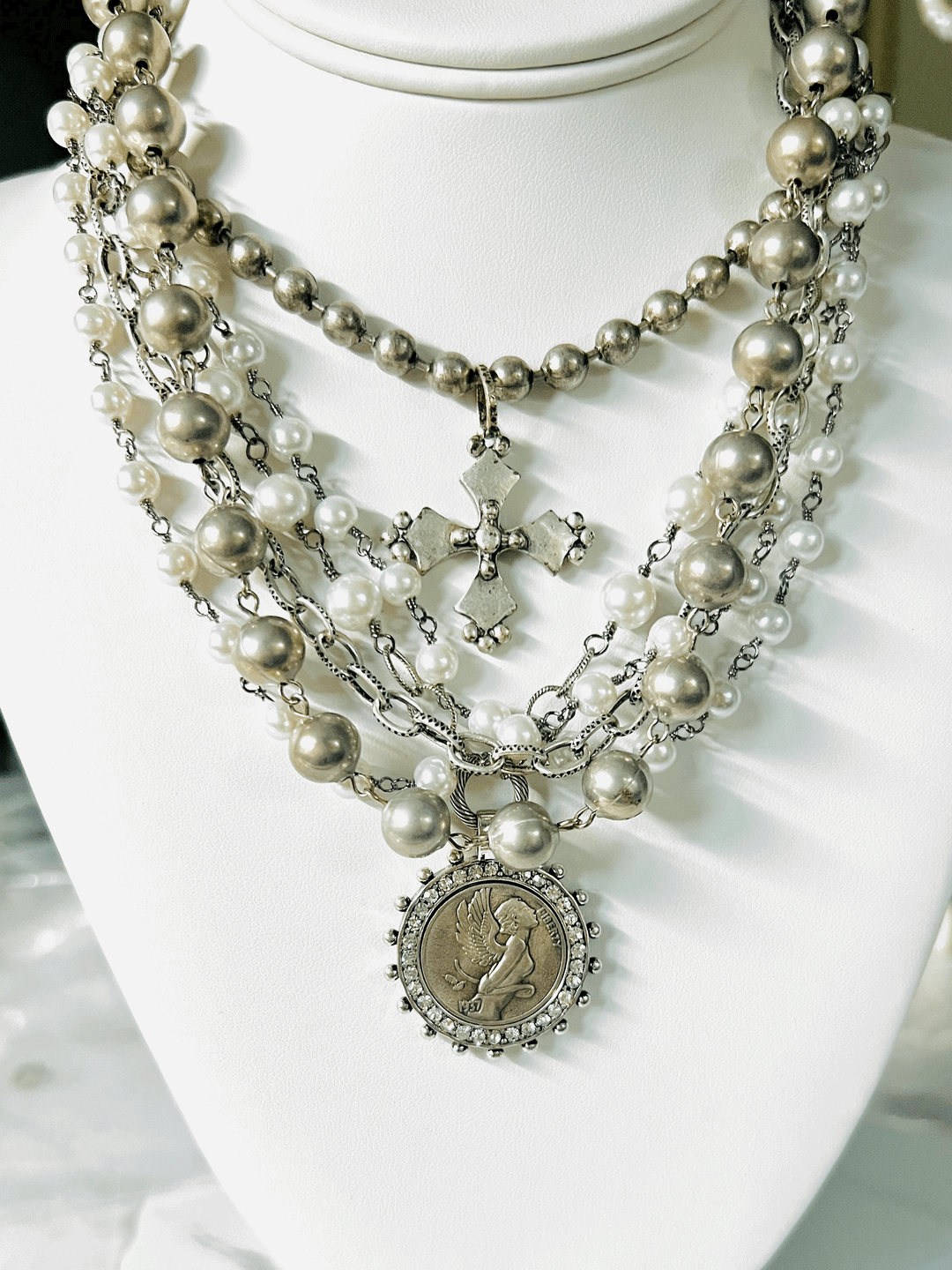 Multi Strand Pearl Necklace in White and Silver Gunmetal