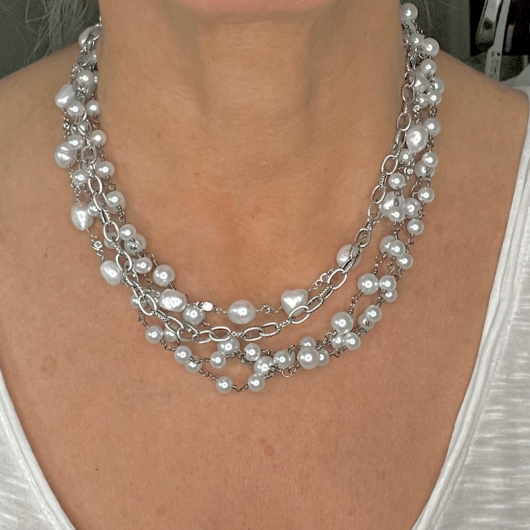 Multi Strand Pearl Necklace in White and Silver Gunmetal